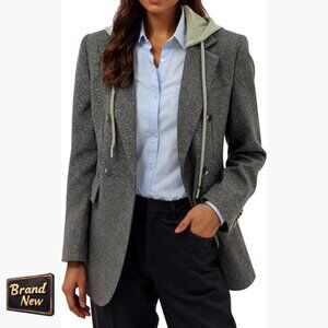 Oversized Hooded Blazer Jacket, Wool Blend, Double-Breasted, Work Office